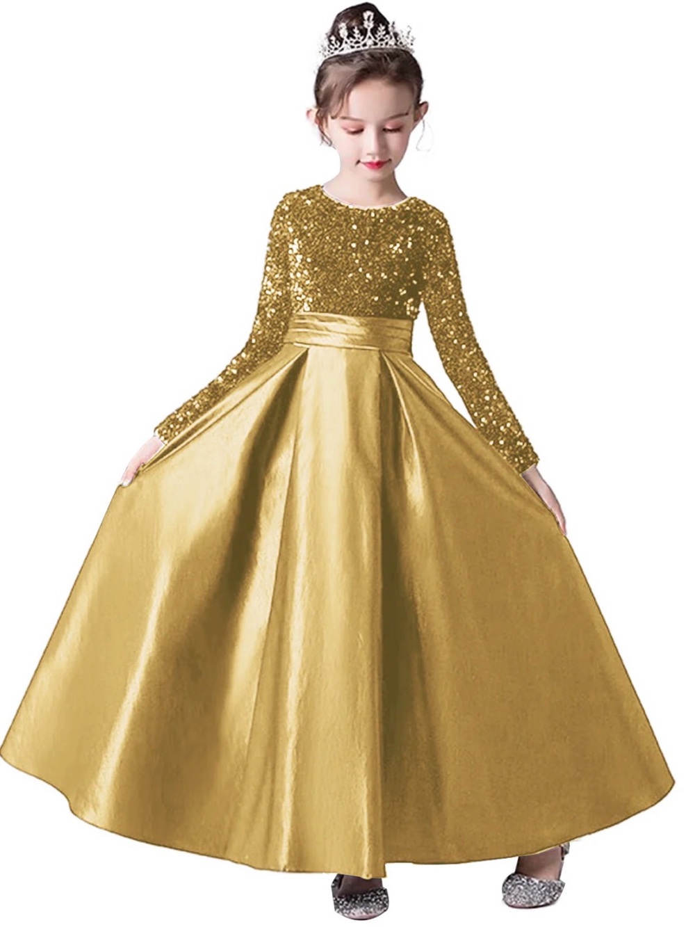 NWT Girls Formal Gold Sequins & Satin Dress Size 4 Flower Girl Recital Wedding